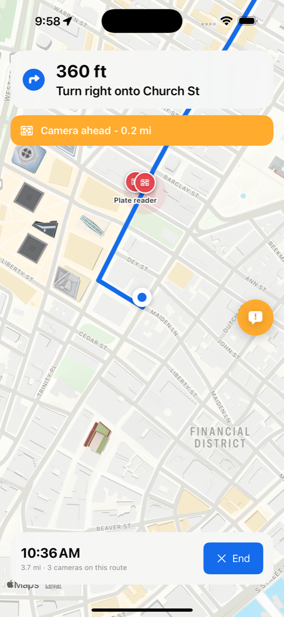 Penguin active navigation with turn instruction and camera-ahead alert