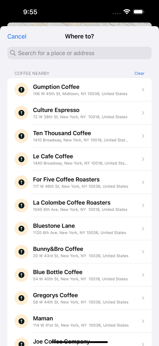 Penguin destination search showing nearby coffee shops